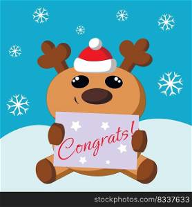 Christmas greeting postcard with character Reindeer with congratulation