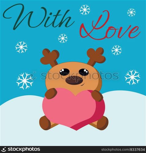 Christmas greeting postcard with character Reindeer with heart