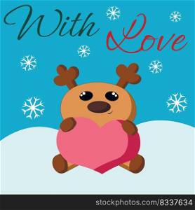 Christmas greeting postcard with character Reindeer with heart