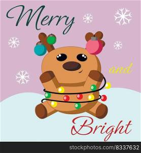 Christmas greeting postcard with character Reindeer with toys and garland