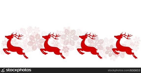 Christmas greeting poster with red reindeer and snowflakes, stock vector illustration