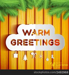 Christmas greeting template with paper decorative elements green fir twigs on wooden background vector illustration. Christmas Greeting Template