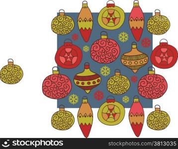 Christmas hand drawn decorative postcard with xmas toys and balls hanging on ornate laces with beads. Vector illustration