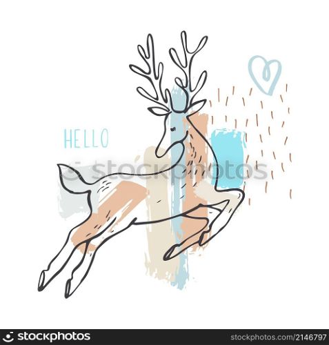 Christmas hand drawn deer. Vector sketch illustration.. Christmas set. Vector sketch illustration.