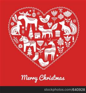Christmas hand drawn elements in Scandinavian style with ornament in heart. Vector illustration