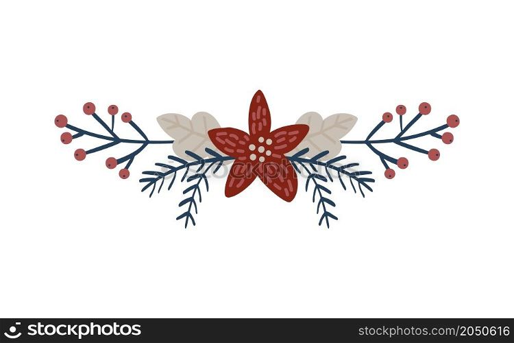 Christmas Hand Drawn Floral poinsettia Vector Border divider. Design Elements Decoration Wreath and Holidays symbol with Flower and berries scandinavian branches.. Christmas Hand Drawn Floral poinsettia Vector Border divider. Design Elements Decoration Wreath and Holidays symbol with Flower and berries scandinavian branches