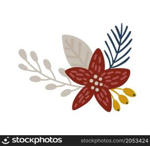 Christmas Hand Drawn Floral poinsettia Vector Border divider. Design Elements Decoration Wreath and Holidays symbol with Flower and berries scandinavian branches.. Christmas Hand Drawn Floral poinsettia Vector Border divider. Design Elements Decoration Wreath and Holidays symbol with Flower and berries scandinavian branches