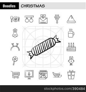 Christmas Hand Drawn Icons Set For Infographics, Mobile UX/UI Kit And Print Design. Include: Christmas Candy, Sweet, Christmas, Food, Meal, Clown, Santa Collection Modern Infographic Logo and Pictogram. - Vector