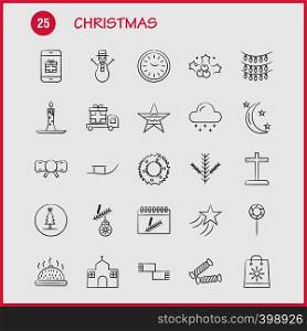 Christmas Hand Drawn Icons Set For Infographics, Mobile UX/UI Kit And Print Design. Include: Food, Meal, Knife, Plate, Christmas Balls, Balls, Decorations, Collection Modern Infographic Logo and Pictogram. - Vector