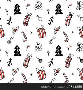 Christmas hand drawn seamless pattern in doodle style. Red and black colors on white background.