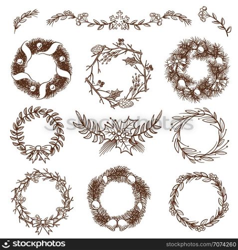 Christmas hand drawn wreaths, border frames with fir branch vector doodle design elements. Illustration of christmas frame wreath. Christmas hand drawn wreaths, border frames with fir branch vector doodle design elements