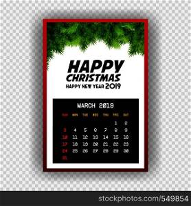 Christmas Happy new year 2019 Calendar March. Vector EPS10 Abstract Template background
