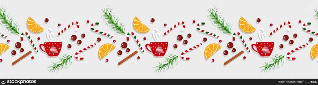 Christmas, Happy New Year border seamless pattern, traditional Christmas food holiday house background with cinnamon sticks, candy cane, chocolate or coffee cup, orange fruit,
