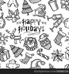 Christmas happy new year holiday decoration black and white sketch seamless pattern vector illustration