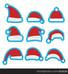 Christmas hat patch design. Printing and badge applique label t-shirts, jeans, casual wear. Santa Claus hats. Happy New Year and Merry Christmas decoration element. Vector illustration.