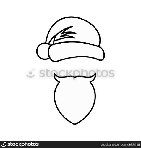 Christmas hat with pompom and beard with a mustache of Santa Claus icon in outline style isolated on white background. New year symbol vector illustration. Christmas hat and beard with a mustache