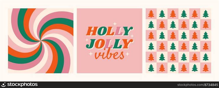 Christmas hippie retro 70s background collection. Holly Jolly Vibes phrase with twirl and checkered wallpapers.
