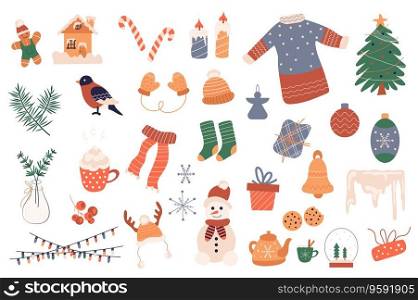 Christmas holiday 2024 mega set in graphic flat design. Bundle elements of snowman, gingerbread, socks, gifts, candles, garland, wreath, festive tree and other decor. Vector illustration stickers