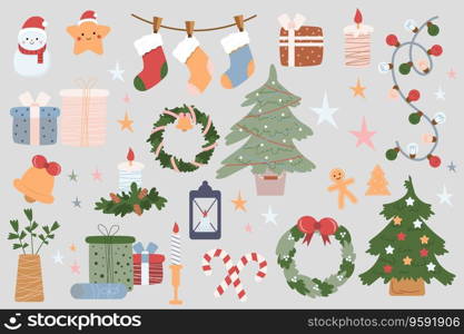 Christmas holiday 2024 mega set in graphic flat design. Bundle elements of gingerbread, candles, sweater, festive tree, pine branch, mittens, toys and other decor. Vector illustration stickers