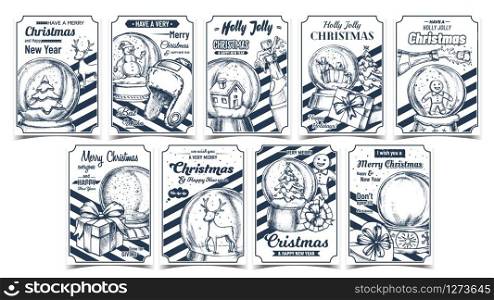 Christmas Holiday Advertising Posters Set Vector. Christmas Snow Balls Souvenir, Decorated Fir-tree And Present Boxes Collection. Xmas Gifts Template Retro Style Monochrome Illustrations. Christmas Holiday Advertising Posters Set Vector
