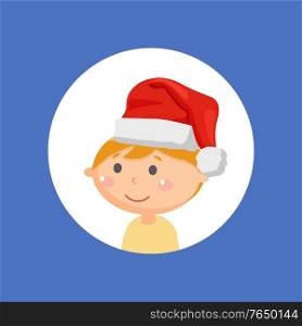 Christmas holiday and child avatar, boy in Santa hat vector. Kid in festive headdress, red textile and white fur, Xmas celebration, costume element. Boy in Santa Hat, Christmas Holiday and Child