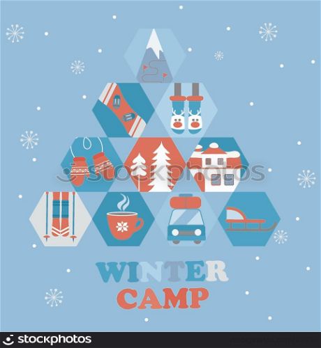 Christmas Holiday and Travel themed Camp poster in flat style , Winter camp banner vector illustration.