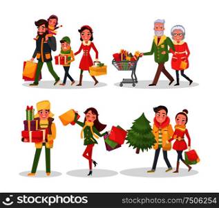 Christmas holiday approaching, people shopping vector. Winter event preparation, pensioners with cart and presents, family carrying paper bag in hands. Christmas Holiday Approaching, People Shopping
