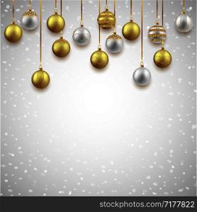 Christmas holiday background, gold and silver decorative balls composition, vector illustration