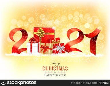 Christmas holiday background with a 2021 and gift boxes and ribbons. Vector.