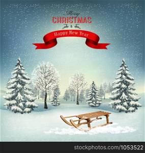Christmas holiday background with a snowy landscape and sledge. Vector.