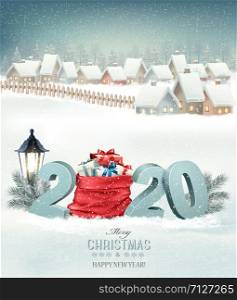 Christmas holiday background with a snowy village landscape and 2020 with a red sack and presents. Vector.