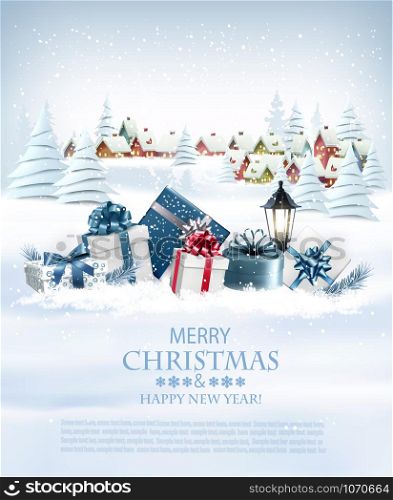 Christmas holiday background with colorful gift boxes and garland. Vector.