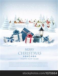 Christmas holiday background with colorful gift boxes and garland. Vector.