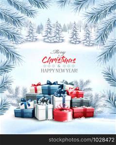 Christmas holiday background with colorful gift boxes and winter forest. Vector.