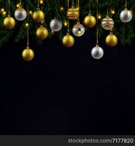 Christmas holiday background with fir branches, gold and silver decorative balls composition, vector illustration