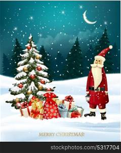 Christmas holiday background with gift boxes and Santa Claus. Vector illustration