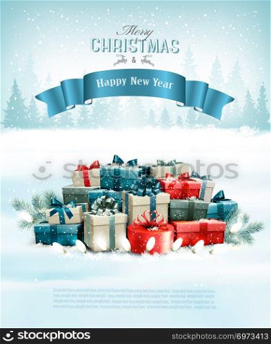 Christmas holiday background with presents and a blue ribbon. Vector.