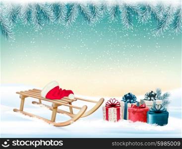 Christmas holiday background with presents and a sleigh. Vector