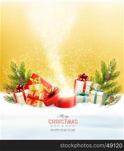 Christmas holiday background with presents and magic box.Vector