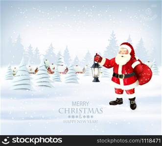 Christmas holiday background with Santa Claus and a winter village. Vector.