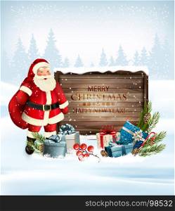 Christmas holiday background with Santa Claus and wooden sign. Vector illustration