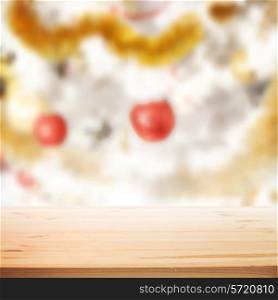 Christmas holiday background with wooden table for your design. Vector illustration.