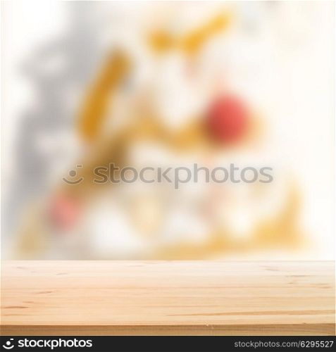 Christmas holiday background with wooden table for your design. Vector illustration.