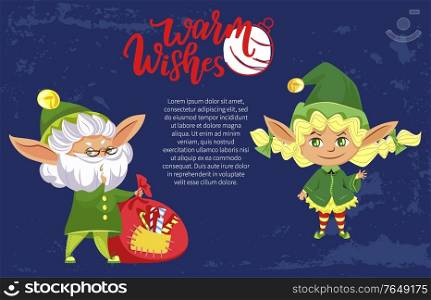 Christmas holiday banner, elves or Santa helpers, old dwarf and girl. Warm wishes, Xmas greeting and old elf with gifts sack. Little dwarfs, winter holidays, magic creatures vector illustration. Elves or Santa Helpers, Christmas Holiday Banner