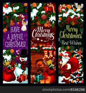 Christmas holiday banner with New Year garland and gift. Santa, snowman and Xmas tree greeting card with bell, ribbon bow and snowflake, holly berry wreath, fireplace and sock, candy, cookie and snow. Christmas banner with New Year garland and gift