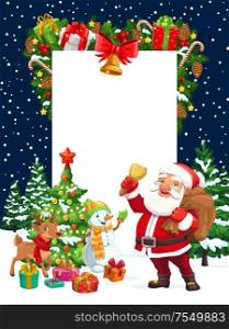 Christmas holiday blank greeting vector poster, Santa with golden bell, snowman and reindeer. Xmas tree lights, decoration ornaments and gifts, candy canes and falling snow in nigh sky. Christmas holiday, Santa, deer, snowman and gifts