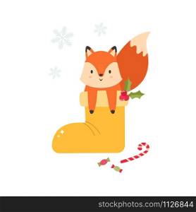 Christmas holiday card with a cute fox sitting in a boot. Winter vector illustration. Christmas holiday card with a cute fox in a boot