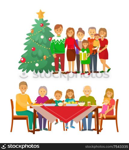 Christmas holiday celebration family by fir tree vector. Mother and father with children, grandfather and grandmother, evergreen pine decorated with ball. Christmas Holiday Celebration Family by Fir Tree