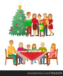 Christmas holiday celebration family by fir tree vector. Mother and father with children, grandfather and grandmother, evergreen pine decorated with ball. Christmas Holiday Celebration Family by Fir Tree