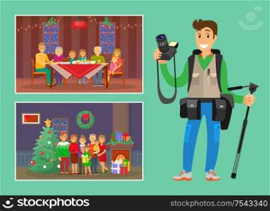Christmas holiday celebration memorable photo of family eating dinner and posing by tree vector. Professional photographer, with camera in hands set. Christmas Holiday Celebration Memorable Photo
